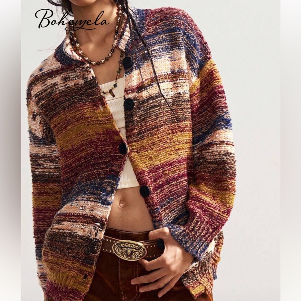 Chunky Multi-Stripe Button-Up Sweater Cardigan Oversized M Rust Multi Textured